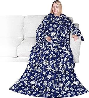 PAVILIA Wearable Blanket with Sleeves for Adult Women Men, Cozy Fleece Warm Wrap Throw with Arms, Gifts for Christmas, Wife, Snowflake Blue, Fleece