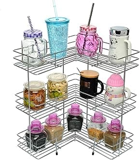 3-Shelf Stainless Steel L-Shape Storage Stand, Multipurpose Storage Rack/Shelf for Kitchen & Bathroom, Wall/Counter Top Mount, Chrome Finish