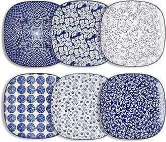 Selamica Porcelain Square Dessert Salad Pasta Steak Plates 10 inches ceramic plates set of 6 microwave/dishwasher/oven safe, Vintage Blue