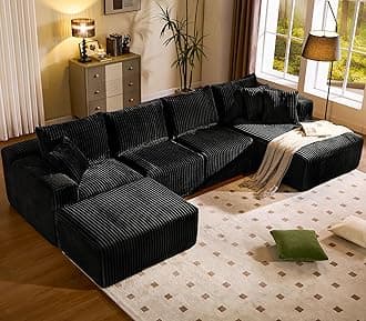 WorthFurni Cloud Modular Sofa Couch with U-Shape Chaise and Big Ottoman Modern Sectional with Deep Seat, Upholstered Couches for Living Room,No Assembly Required, Plush Corduroy Fabric 139.37"(Black)
