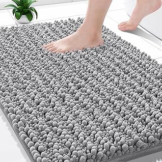 Chenille Luxury Shaggy Bath Mat, Soft And Cozy, Super Absorbent Water, Non-Slip, Machine-Washable, Thick Modern For Bathroom Bedroom (24 X 17 Inch, Gray, Rectangular)