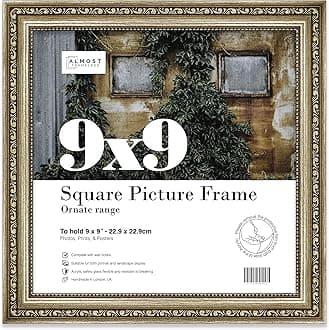 9x9 Champaign Ornate Picture Frame 9"x9" (22.9x22.9cm) Poster, Photo, Artwork, or Print. Baroque Style Portrait and Landscape Display with Wall Hooks