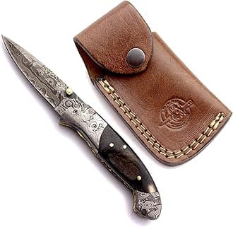 Handmade Damascus Folding Pocket Knife - Premium EDC, Hunting, Survival, Camping & Fishing Tool with Full Tang Micarta Handle & Cowhide Leather Sheath - Perfect for Men & Women-DCF97 - Fireball)