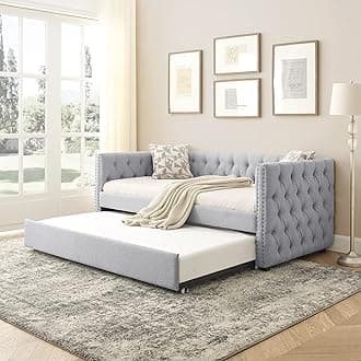 HomSof Gray Daybed with Trundle Upholstered Tufted Sofa Bed with Button and Copper Nail on Square Arms, Both Twin Size, Grey