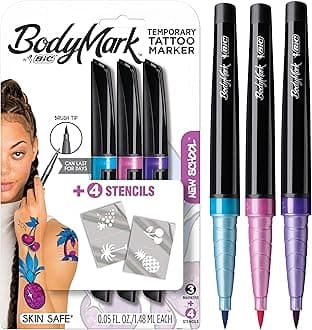 BodyMark by BIC, Temporary Tattoo Marker, New School Inspiration, Skin Safe, Brush Tip, Assorted Colors, 3-Pack (MTBP31NS-AST)