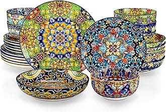 vancasso 24 Pieces Dinnerware Sets, Plates and Bowls Set, Porcelain Dishes Set for 6, Microwave and Dishwasher Safe, Scratch Resistant, Bohemian Style Dining Ware Service for 6, Series SIMI