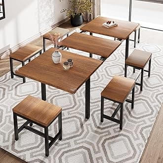 iPormis 7-Piece Dining Table Set with 6 Stools, 63" Extendable Kitchen Table Set for 4-8, Modern Dining Room Table with Sturdy Metal Frame, Space-Saving Dinette, Walnut