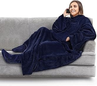 Fleece Blanket with Sleeves and Foot Pockets for Women Men Adults, Wearable Blanket Sleeved Throw Wrap, Plush Hug Sleep Pod Snuggle Blanket Robe, Cozy Gift Ideas Wife Mom, Navy Blue