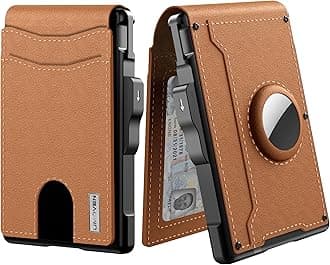 AirTag Wallet for Men - with Pop Up Aluminum Case Money Clip Slim Leather Slots Credit Card Holder RFID Blocking Bifold Minimalist Wallet with Gift Box (Coffee brown)