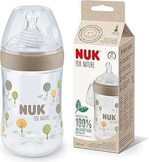 NUK for Nature Baby Bottle | Medium Teat | 260 ml | Breast-Like Ant-Colic Silicone Teat | Temperature Control | Sustainable, BPA-Free Materials | Beige