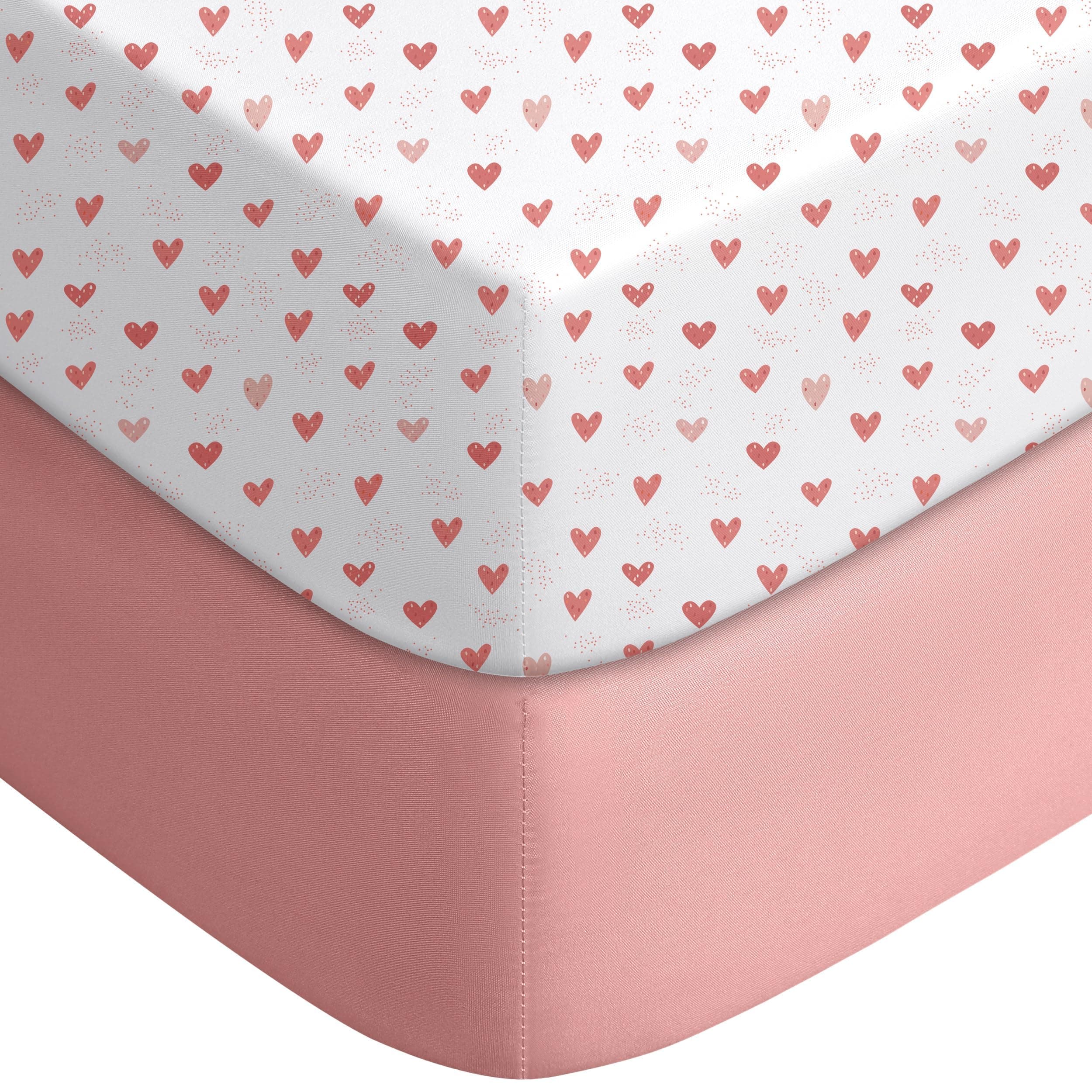 Yoofoss Pack and Play Sheets Fitted, Mini Crib Sheets 2-Pack for Pack N Play Mattress, Stretchy Playard Sheet, Soft and Breathable Pink+Love
