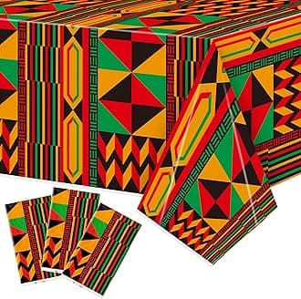 3 Packs Happy Kwanzaa Happy Juneteenth Tablecloth Decorations, African Disposable Waterproof Plastic Striped Checkered Table Covers, Afro Tablecloths for African-American Party Favor Supplies