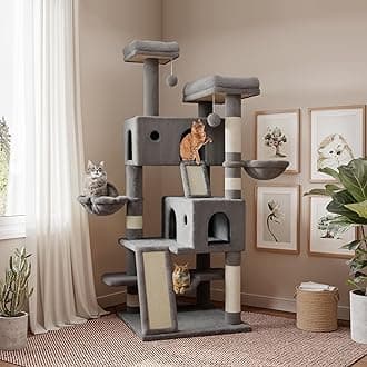 SHA CERLIN 65in Larger Cat Tree Tower Condo for Indoor Cats, Multi-Level Furniture Activity Center with Wide Base/Cozy Plush Cat Perches/Baskets/Sisal Scratching Posts and Hammock/Grey