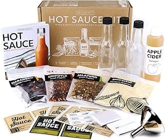 Unique Gift for Men, Deluxe Hot Sauce Making Kit, 3 Varieties of Chili Peppers, Gourmet Spice Blend, 3 Bottles, 16 Fun Labels, Make your own sauce, Nice Gift For Dad, Brother, Uncle, Guys. (Deluxe Kit)