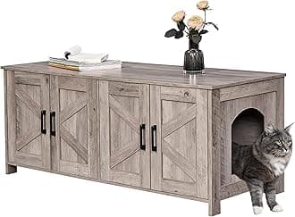 Homhedy Cat Litter Box Enclosure for 2 Cats, Litter Box Furniture Hidden with Double Room,Wooden Cat Washroom Furniture,Cat House,47.2”L x 19.7”W x 19.7”H,Greige
