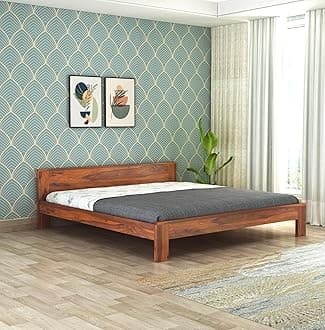 Wooden Queen Size Bed Without Storage | Wooden Double Bed Cot Bed for Bedroom Furniture | Palang Double Bed for Hotels | Basic Headboard | Solid Sheesham Wood, Honey Finish