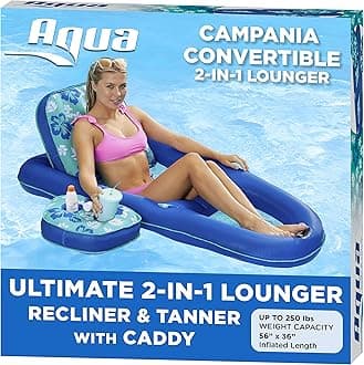 Aqua Campania Ultimate 2-in-1 Pool Float Lounge – Extra Large – Inflatable Pool Floats for Adults with Adjustable Backrest & Cupholder Caddy – Multiple Colors/Styles