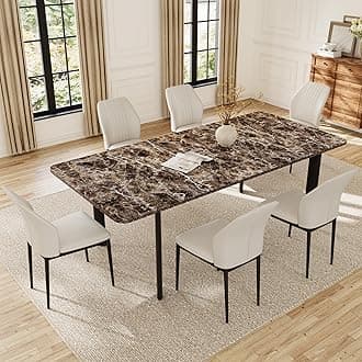 Extendable Dining Table Set for 6-8 People, 63 to 78.7 Inch MDF Kitchen Table with 6 Upholstered Chairs, Space-Saving for Dining Room, Breakfast Nook (Brown Table & 6 White Chairs)