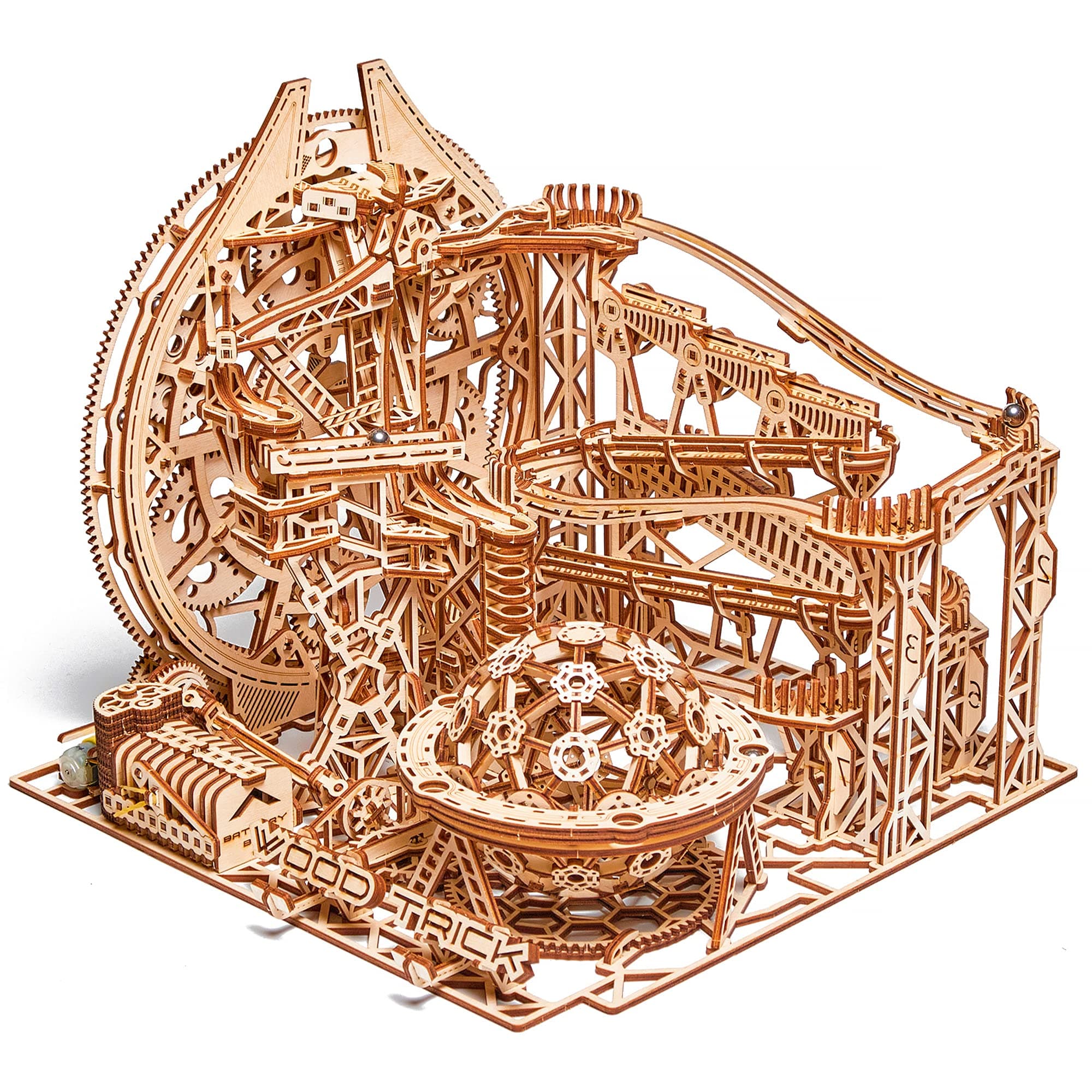 - Wood Trick Wooden Marble Run Electric Motorized - 3D Wooden Puzzles for Adults to Build - 15x14 in - Roller Coaster Wooden Model Kits for Adults to Build