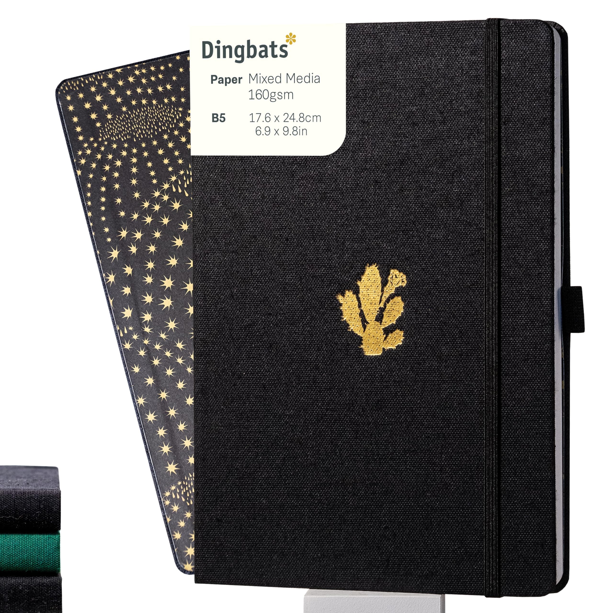 Dingbats* Pro Plain Large B5 Notebook - Black Textile Cover, Thread-Bound Writing Journal - for Work, Travel - Pocket, Elastic Closure, Bookmark