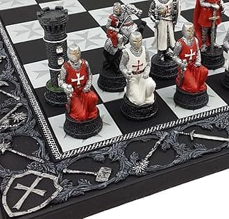 HPL Medieval Times Crusades Red and White Armored Maltese Knights Chess Set with 17" Board