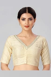 Women's Readymade Polyester Elbow Length Sleeves Saree Blouse with Mirror Work