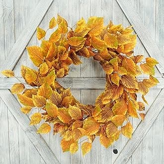 Artificial Fall Wreath for Front Door Autumn Door Wreath Harvest Wreath with Orange and Rusty Birch Leaves for Indoor Outdoor Farmhouse Home Wall Window Festival Wedding Decor,Gift Box Included