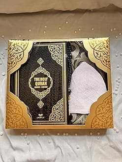 Decoret English Translate Thermo Leather Covered Quran, Tafta Prayer Mat, Pearl Breads, Man Takke and Luxury Gift Box 5 Pieces Set, Great Ramadan Gifts for Muslim Men and Women Gift (1 Sets, Black)