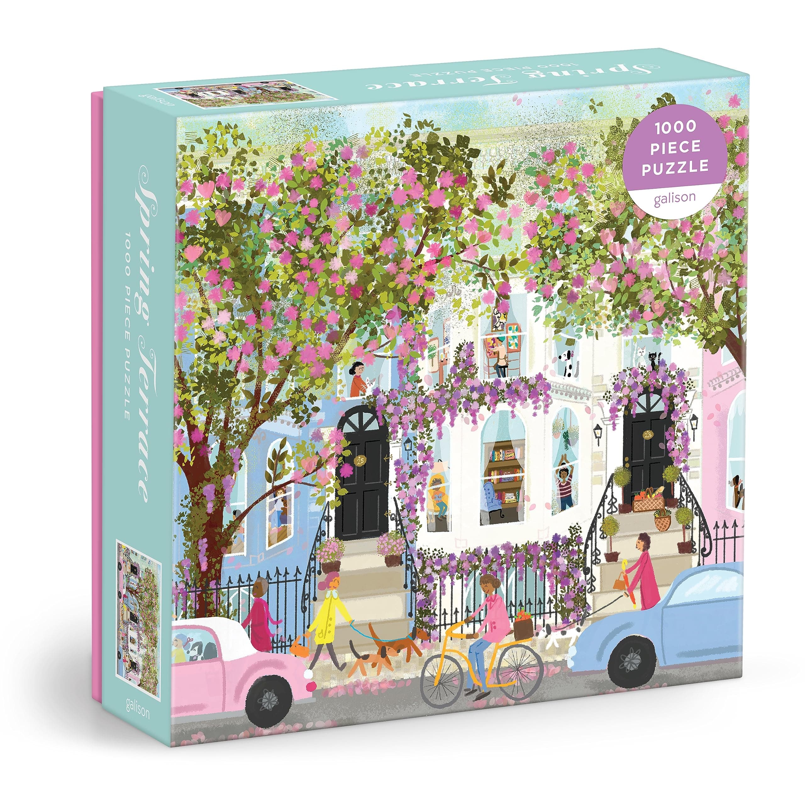 Galison Spring Terrace – 1000 Piece Joy Laforme Puzzle Featuring a Magnolia Filled Neighborhood Day On A Spring Day