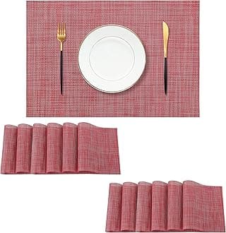Leetaltree Red Placemats Set of 12 - Heat Resistant Non-Slip Place mats for Dining Table, Washable Durable PVC Vinyl Woven Table Mats（Red, 12）