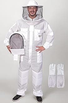 US-Keepers 3-Layer Ultra Ventilated Bee Suit for Men & Women – Premium Beekeeping Suit with Bee Gloves & Two Detachable Beekeeping Veils (White 2XL)