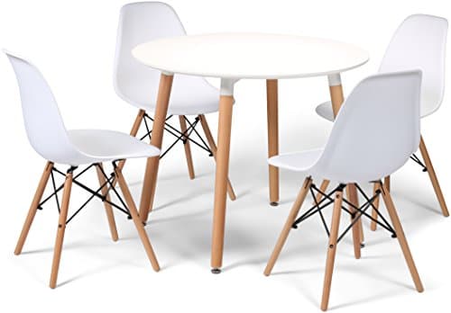 Eiffel Designer Dining Set 4 Chairs And 90cms Small Round Table White With Natural Wood Legs Art Deco Style