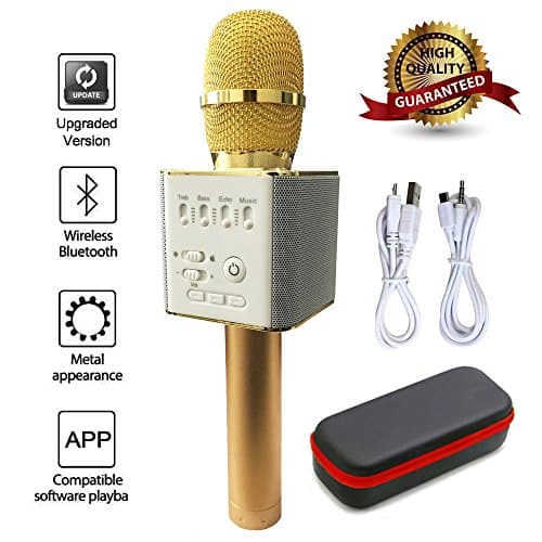 【Upgraded Version】Q9 Magic Karaoke Wireless Microphone With Bluetooth Speaker For Apple iPhone Android Smartphone (Gold)