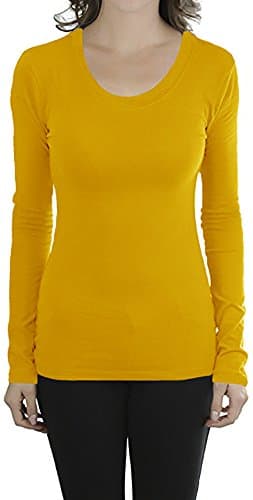 COTTON PICKING GIRLS Women's Basic Solid Color Tee Breathable Soft Long Sleeve Cotton T-shirt (M, Yellow/O-NECK)