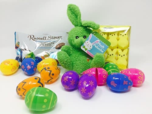 Easter Egg Basket Filler Bundle - 4 Items with 12 Printed Plastic Eggs, 1 Bright Bunny, Peeps and Marshmallow Eggs