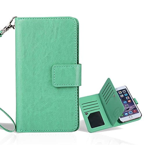 iPhone 7 Plus Case, OLVOO iPhone 7 Plus Wallet Case Secure Up and Down Flip Design Credit Card Slots Cash Holder Nickel Plated Press Stud Wrist Strap Magnetic Snap Closure (Grenn)