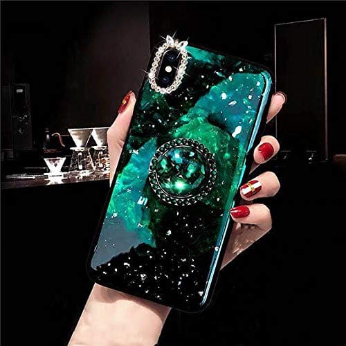 KeKeYM For iPhone X Case Stand, Seashell Pattern Bumper Bling Diamond Glitter Smooth Surface with Bling Metal Stand Holder for Girls (Green, for iPhone XS 10 5.8 inch)