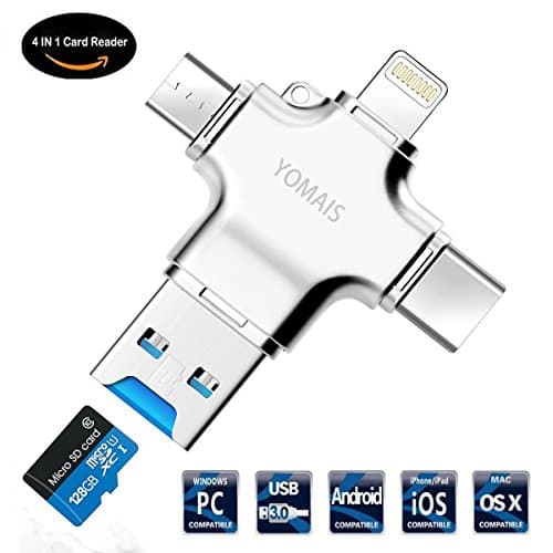 4 in 1 Card Reader, YOMAIS Micro SD Card Reader with Type C USB Lightning Connector Micro USB HUB Adapter, TF Flash Memory Card Readers For iPhone, iPad, Mac, PC, Android USB 3.0 (Silver)