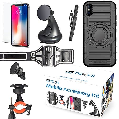 iPhone X Bundle Accessory Combo Set Kit - Includes: Silicone Protective Case + Bike Mount + Running Armband + Car Magnetic Air Vent Mount + Car Windshield Holder+ Screen Protector + Clip Holster