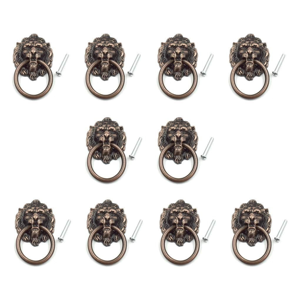 Cyful 10 Pcs Lion Head Cabinet Knobs Pull Handle Door Dresser Drawer Pull Ring Copper Tone L 2.6" x W 1.6"