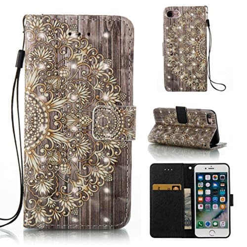 iPhone 8 Case,iPhone 7 Case,Durable Wrist Straps Sweatproof ,Dust-proof, Shockproof,Anti-Shock ArmBelt Wallet Case Folio Flip Card Holder Leather Covers Wallet Style for Apple iPhone 7-Golden Flower