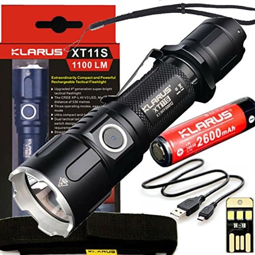 BUNDLE: Klarus Improved XT11S LED Compact Tactical Rechargeable Flashlight, Rechargeable 18650 Battery, USB Charging Cable, Lanyard, Holster, Pocket Clip, and USB Mini Light