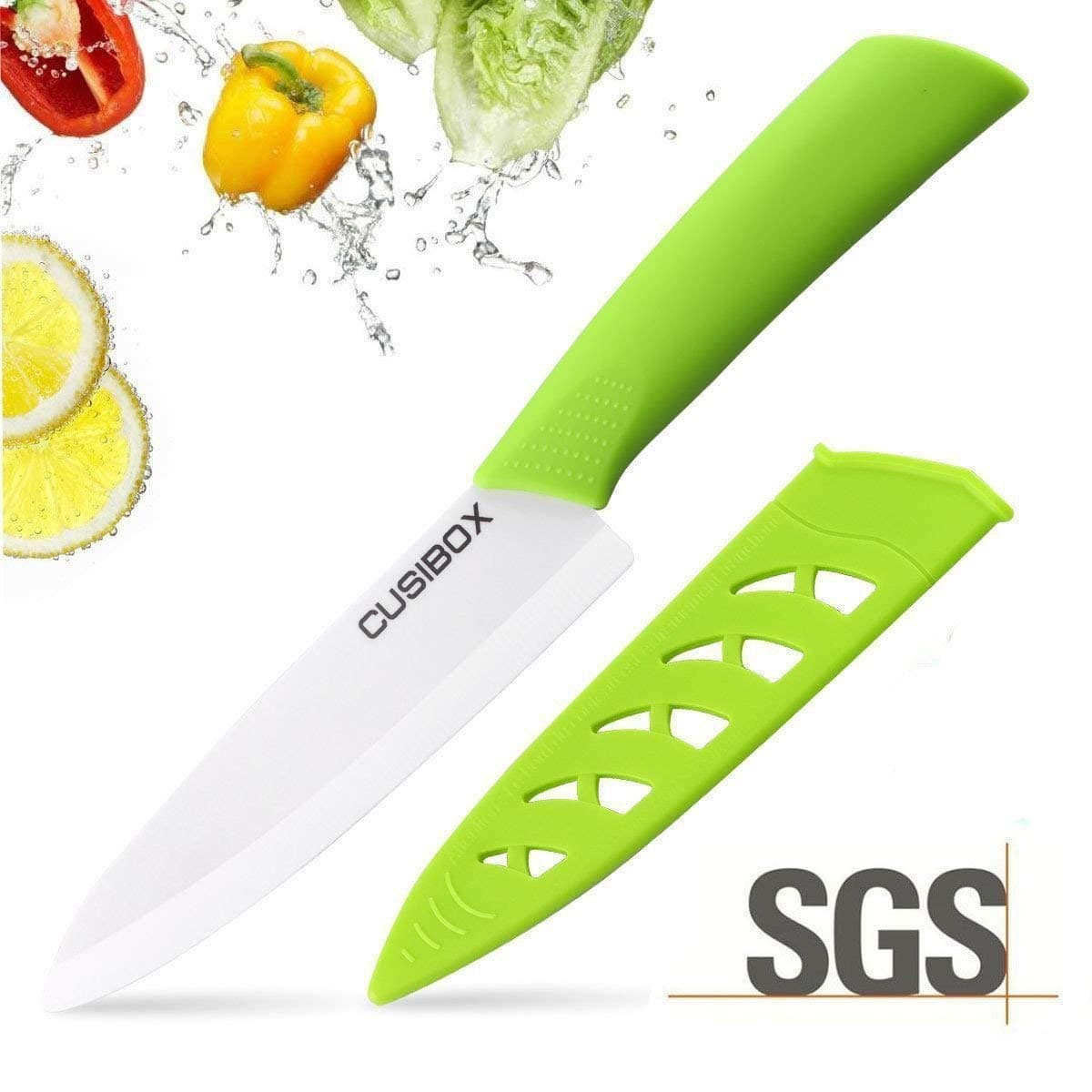CUSIBOX Ceramic Chef Knife, Sharp Kitchen Vegetable Knives with Sheath Cover, 6 Inch, Green