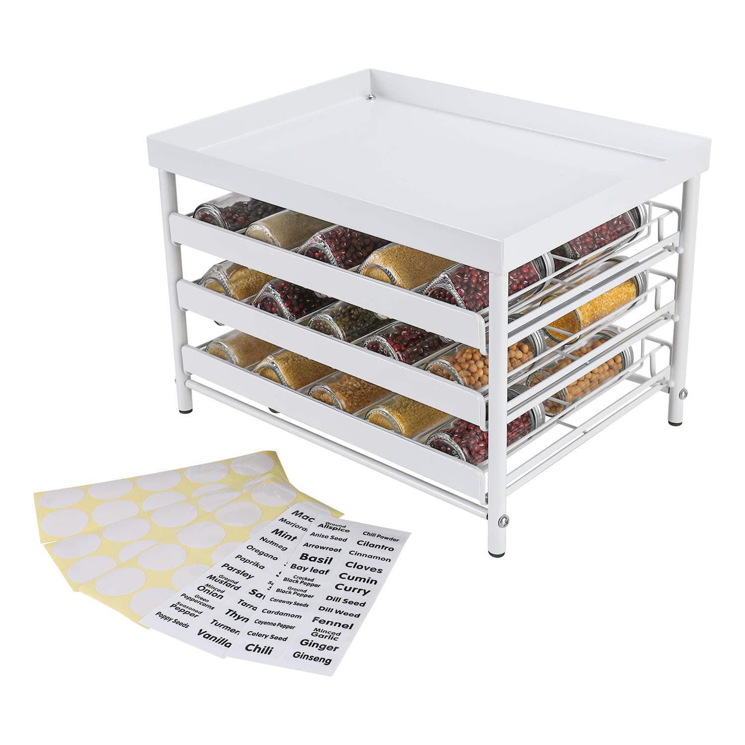 Upgrade Version - ESYLIFE Stackable 30 Jars 3-Tier Spice Rack Organizer with Pull Out Drawers and Labels - Fit for Countertop, Cabinet, Pantry - White