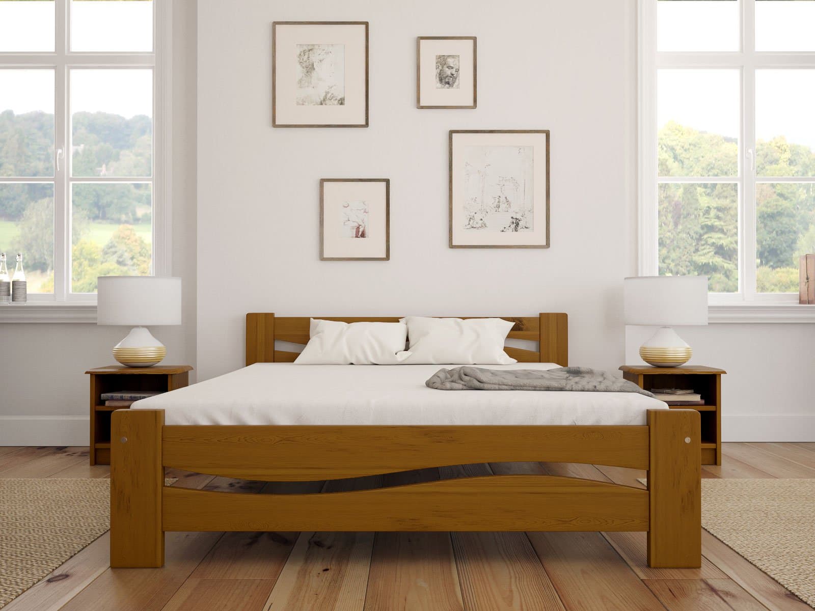 Solid Pine Wooden Bed Frame King Size 5ft In Oak Colour & Sturdy Thick Slats