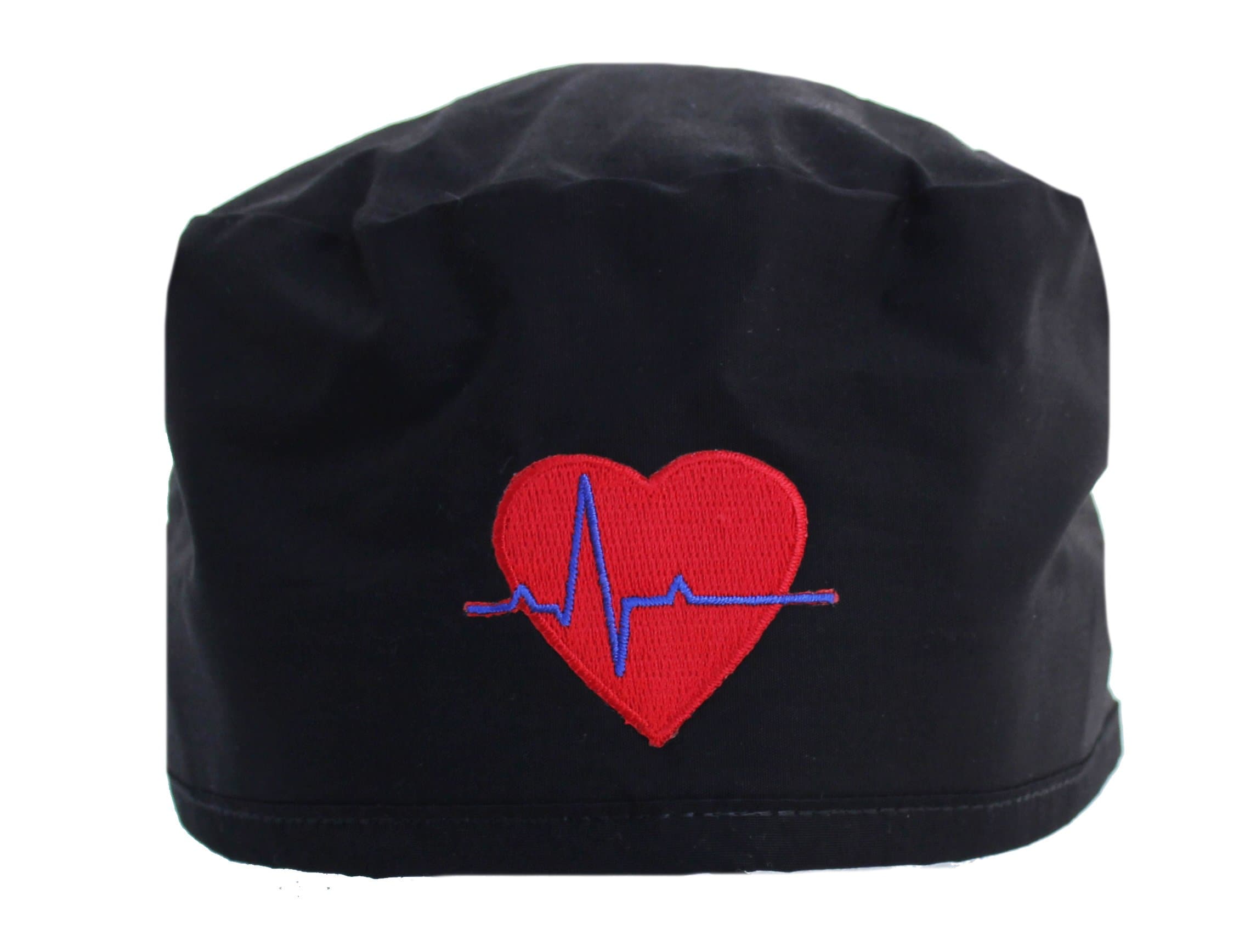 Solid Black Heart Beat EKG Scrub Cap Hat with Adjustable tie