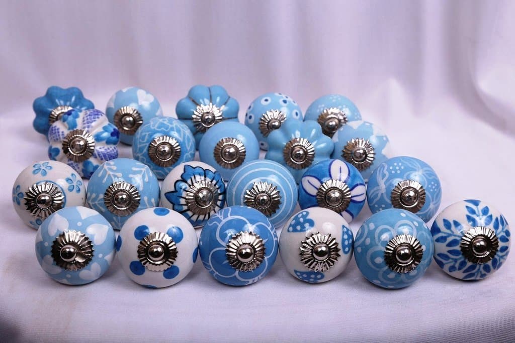 Glitknob 10 Knobs Sky Blue Dots & White Hand Painted Ceramic Knobs Cabinet Drawer Pull