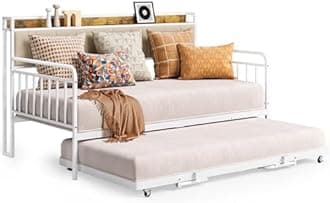 Gizoon Daybed with Trundle, Twin Bed Frame with Upholstered Headboard and Charging Station, Sturdy Metal Sofa Bed with Steel Slat Support for Living Room, Bedroom and Guest Room, Beige