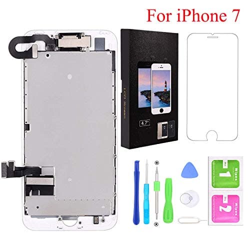 Screen Replacement for iPhone 7, LCD Display and Touch Screen Digitizer Replacement Full Assembly with Proximity Sensor, Ear Speaker, Front Camera, Repair Tools (White,4.7 inch)