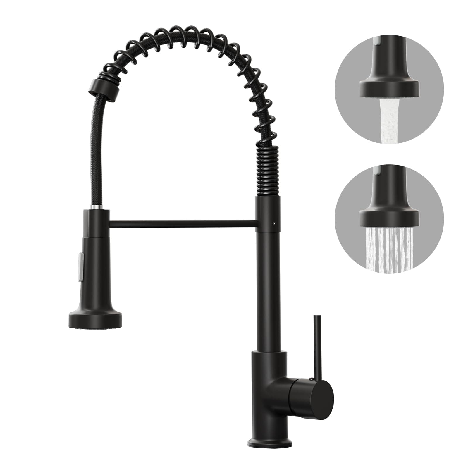 Matte Black Kitchen Sink Tap, 2 Function Kitchen Sink Mixer Taps with Pull Out Spray, Brass High-Arc 360° Swivel Single Handle Spring Rv Taps